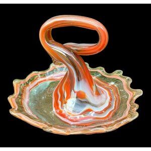 Art Glass Dish 8” Candy Bowl Trinket Display Hand Blown Orange Top Handle Server
